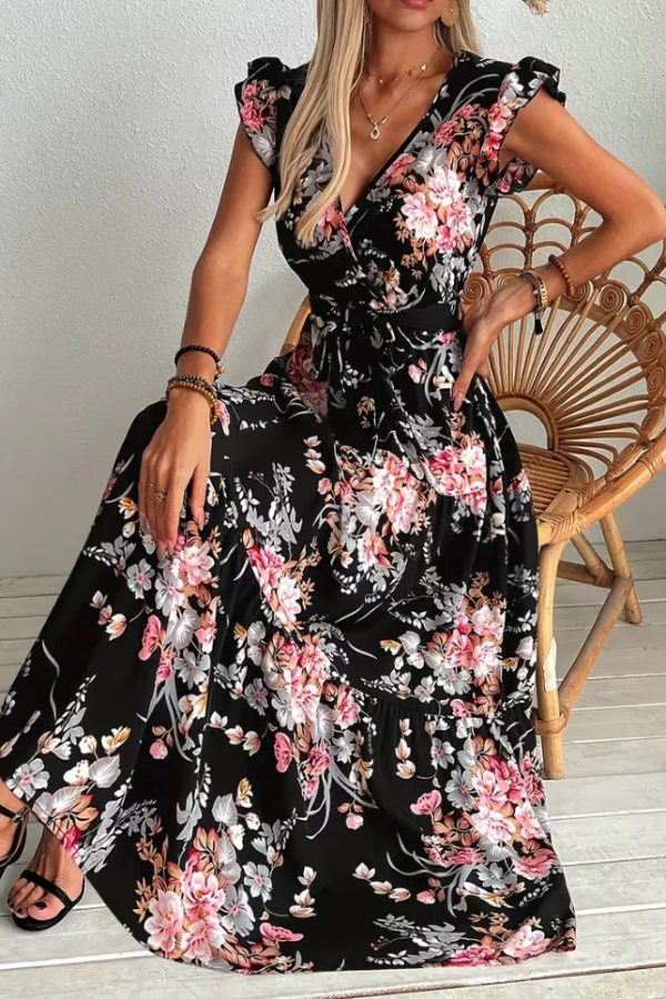 Elegant women's floral print swing maxi dress with a V-neck, ruffle sleeves & belt for summer vacation.
