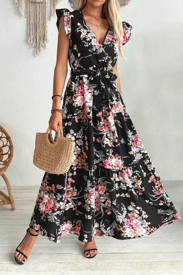 Beautiful A-line floral print summer dress for women, featuring a flattering V-neck, ruffle sleeves & belted waist.