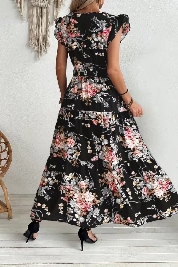 Stylish women's floral belted swing dress, perfect as a maxi day dress for garden parties & elegant summer events.