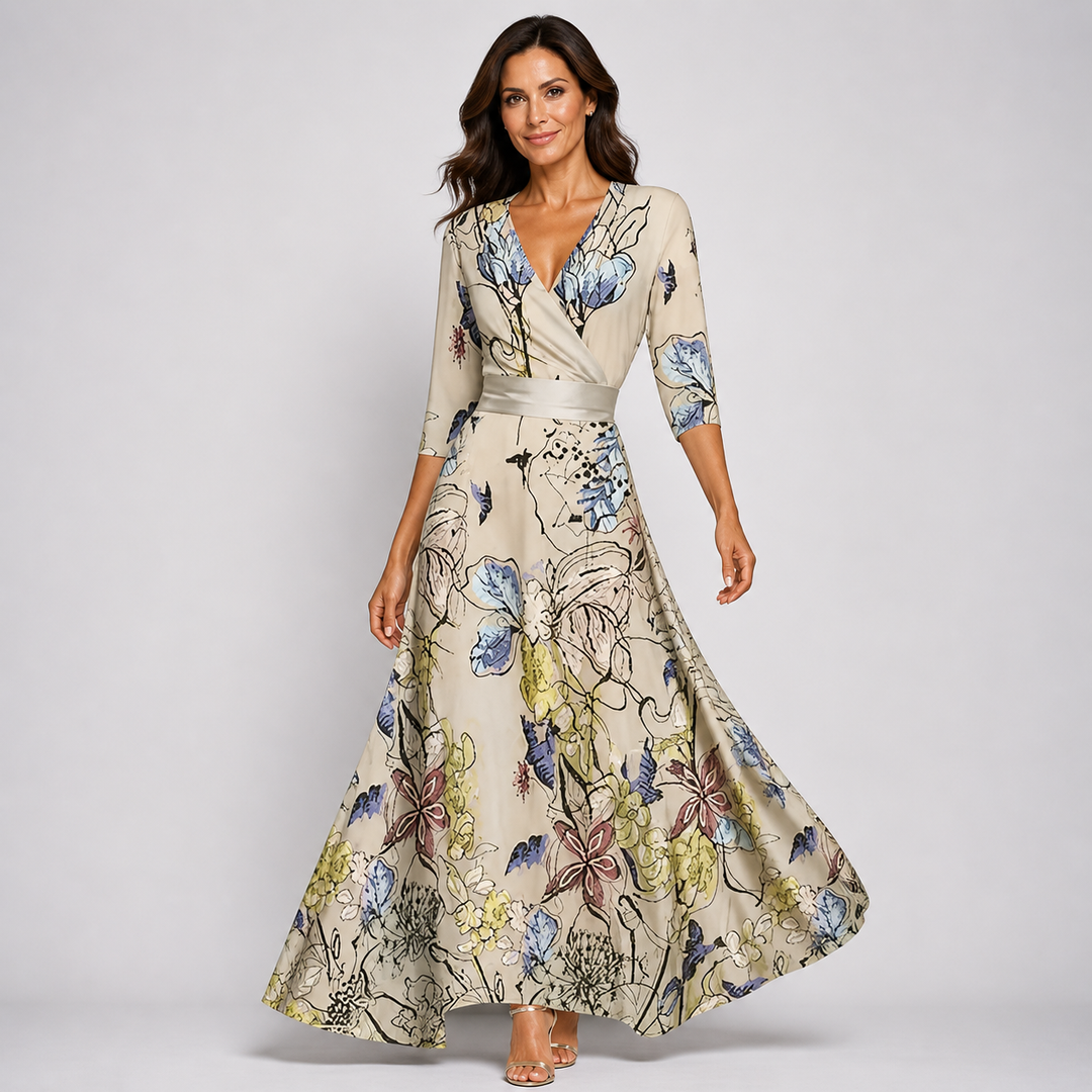 Elegant women's floral print V-neck wrap maxi dress. Flowy summer design, perfect for special occasions & vacation.
