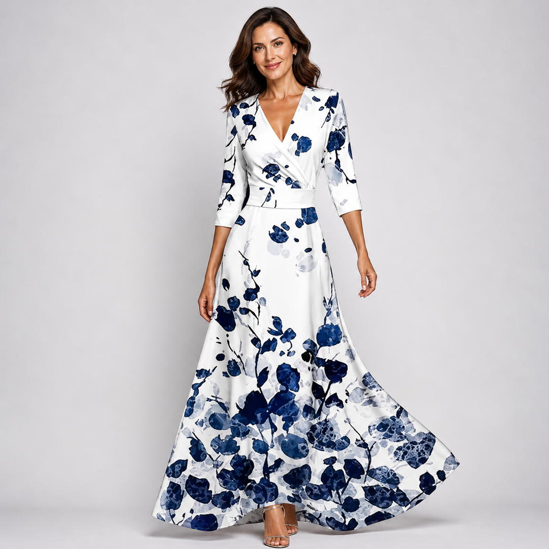 Women's stylish flowy wrap maxi dress featuring a vibrant floral print and flattering V-neckline for summer wear.