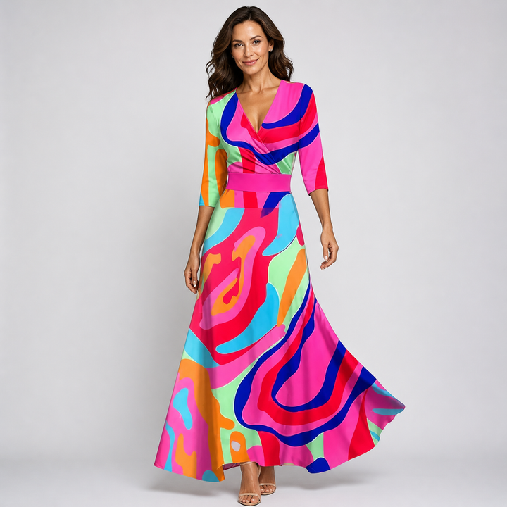 Front view of an elegant women's V-neck floral wrap maxi dress, showcasing its flowing silhouette for occasion wear.