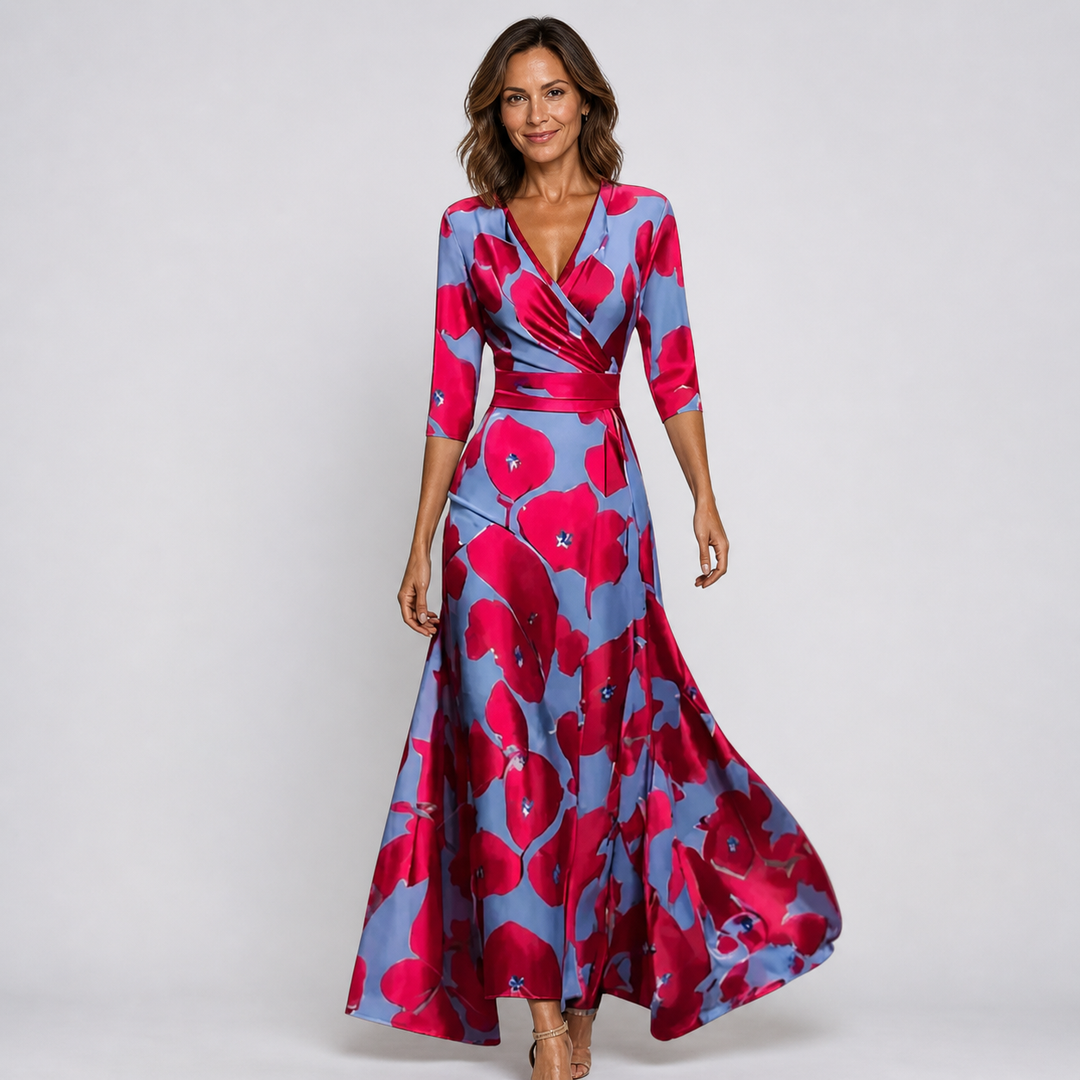 Beautiful women's floral V-neck wrap maxi dress. Comfortable, flowy fabric ideal for summer events & vacation outfits.