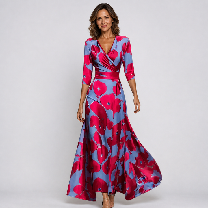 Beautiful women's floral V-neck wrap maxi dress. Comfortable, flowy fabric ideal for summer events & vacation outfits.