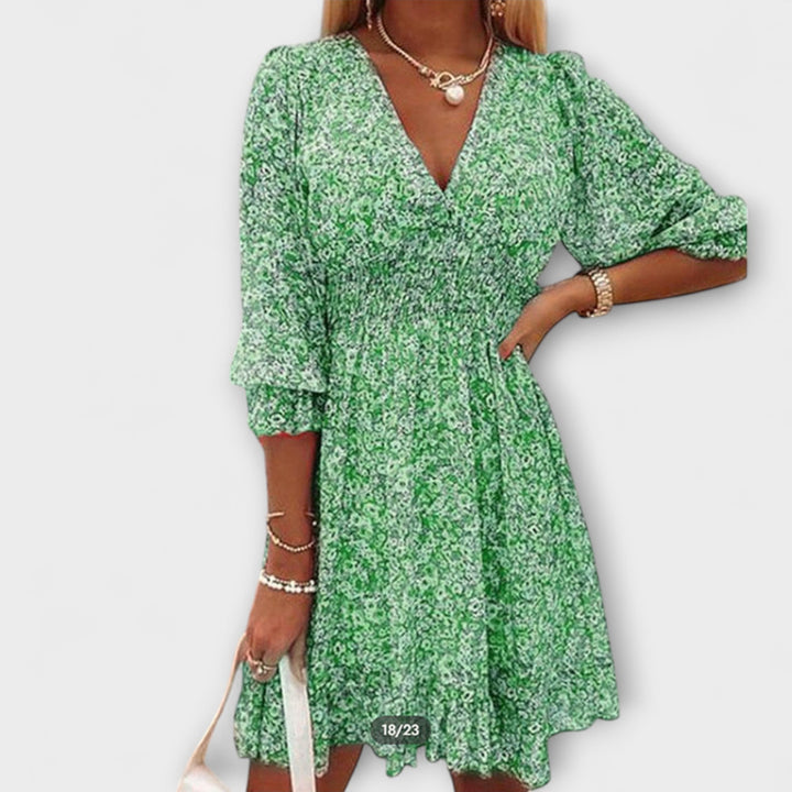 Stylish A-line floral puff sleeve summer dress for women, ideal for casual elegance & day wear.