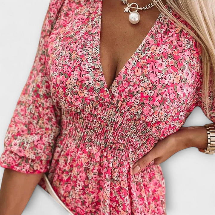 Elegant women's floral puff sleeve summer dress, versatile for casual wear, brunch, or garden parties.