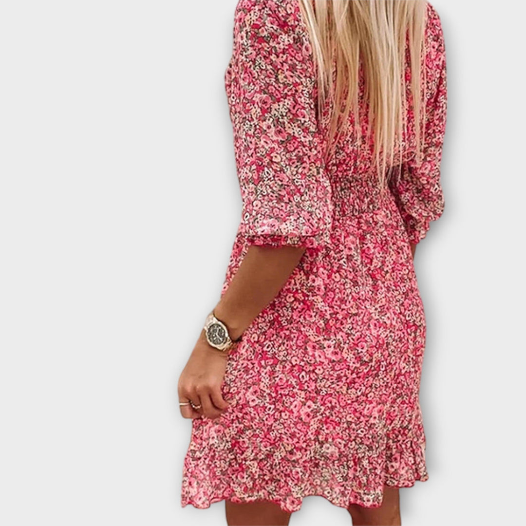 Vibrant floral puff sleeve A-line midi dress for women, embodying summer elegance & spring fashion.