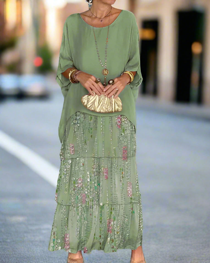 Stylish women's long floral sequin tiered boho dress, perfect for elegant summer occasion wear.