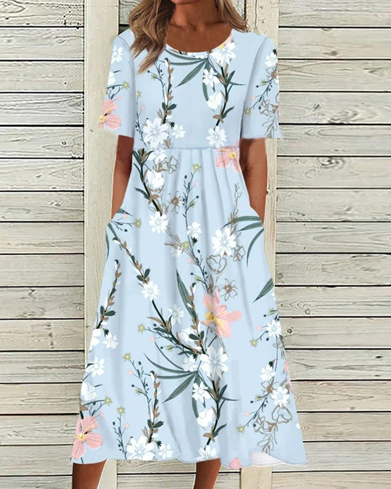 Elegant women's floral short sleeve midi dress. Perfect for spring/summer casual wear, vacation, or brunch outfits.