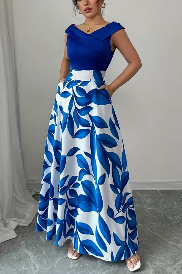 Elegant women's floral V-neck A-line maxi dress with convenient pockets, perfect for summer events.