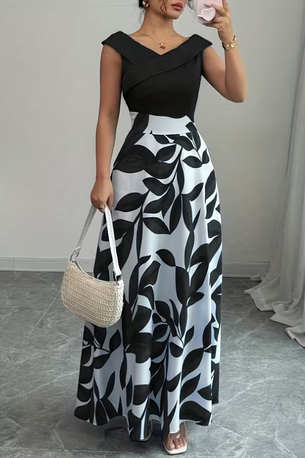 Woman in a stylish long floral V-neck dress with A-line silhouette and pockets, ideal for elegant summer wear.