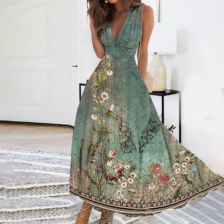 Sleeveless floral V-neck maxi dress for women, ideal for parties, elegant events, and summer wear.