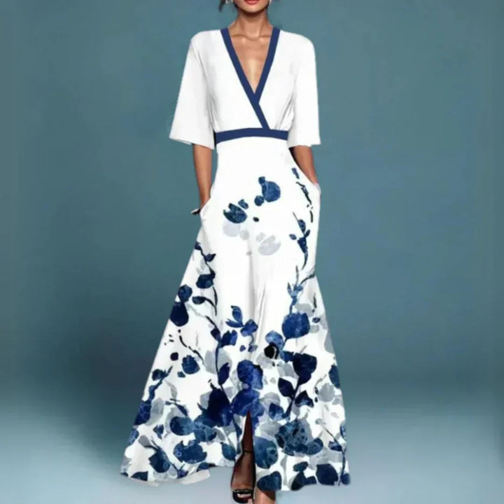 Bohemian style women's floral V-neck maxi dress, ideal for summer vacations & elegant party wear, flowing design.