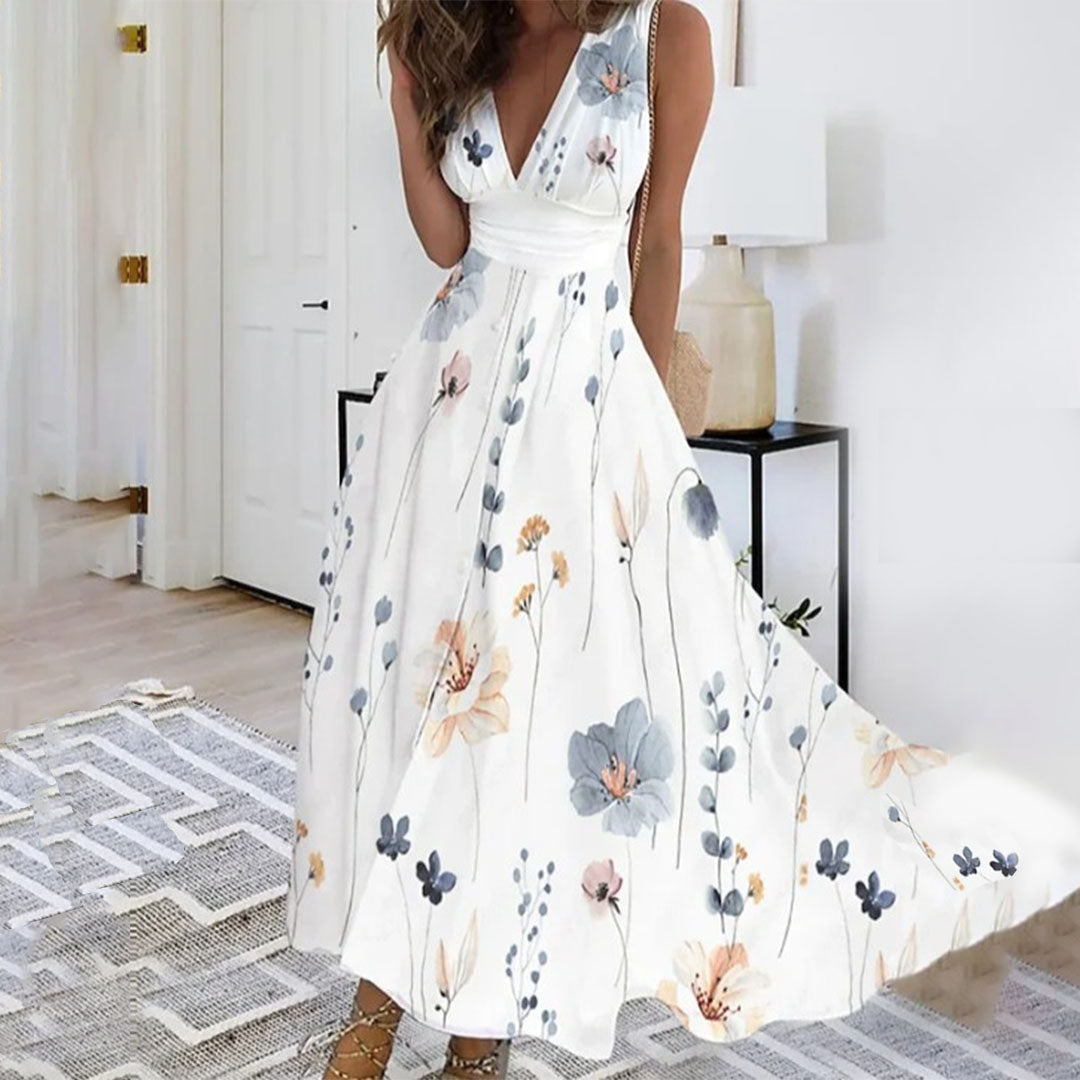 Beautiful women's floral print V-neck maxi dress, an elegant choice for special occasions & parties.