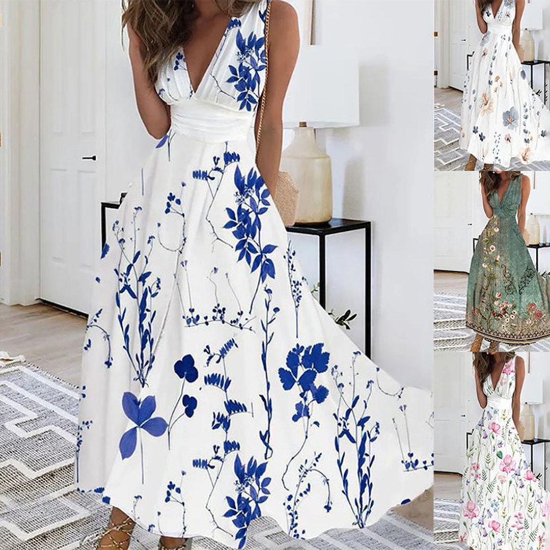 Flowing floral V-neck maxi dress for women, a stylish and elegant sleeveless option for any event.