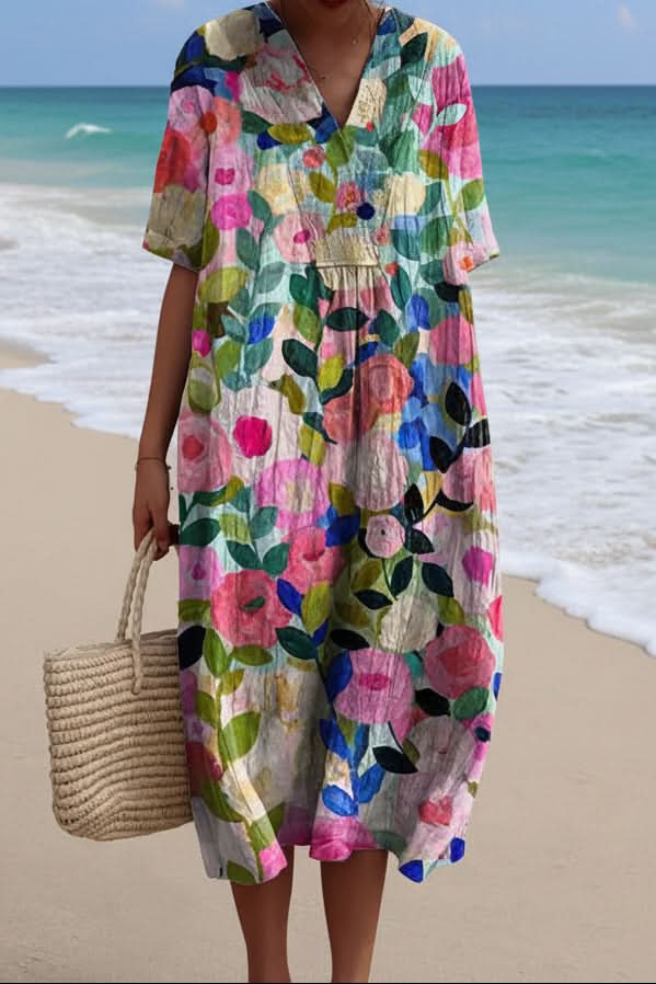 Elegant women's floral V-neck midi dress, perfect for summer vacations & casual outings. Flowy & comfortable.