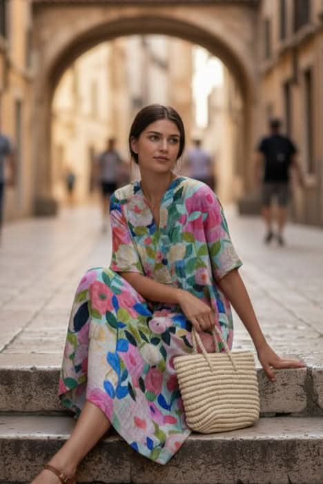 Chic floral V-neck midi dress for women, ideal for summer, vacation, or elegant casual wear. Flowy fabric.