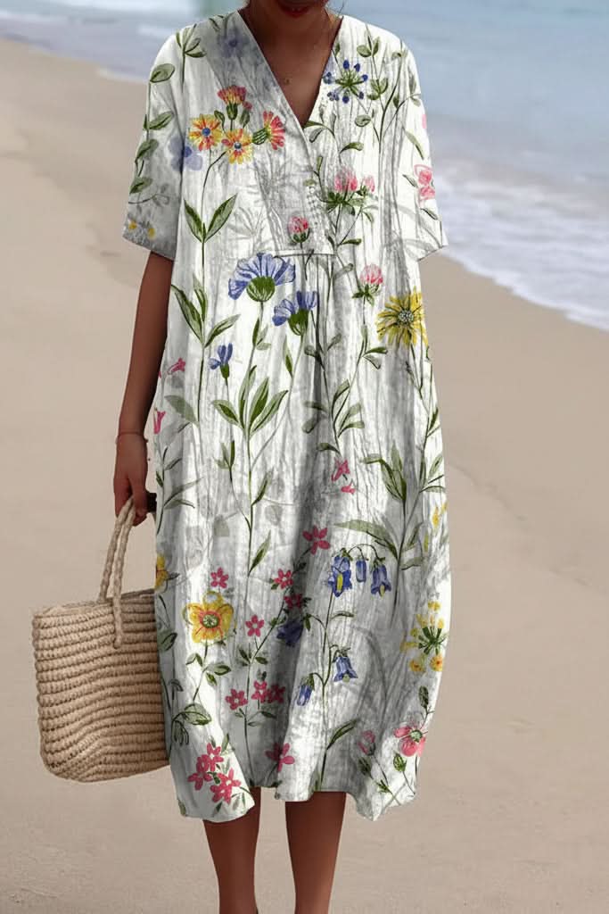 Women's V-neck midi dress featuring a vibrant floral print. Stylish, flowy, and perfect for summer & vacation.
