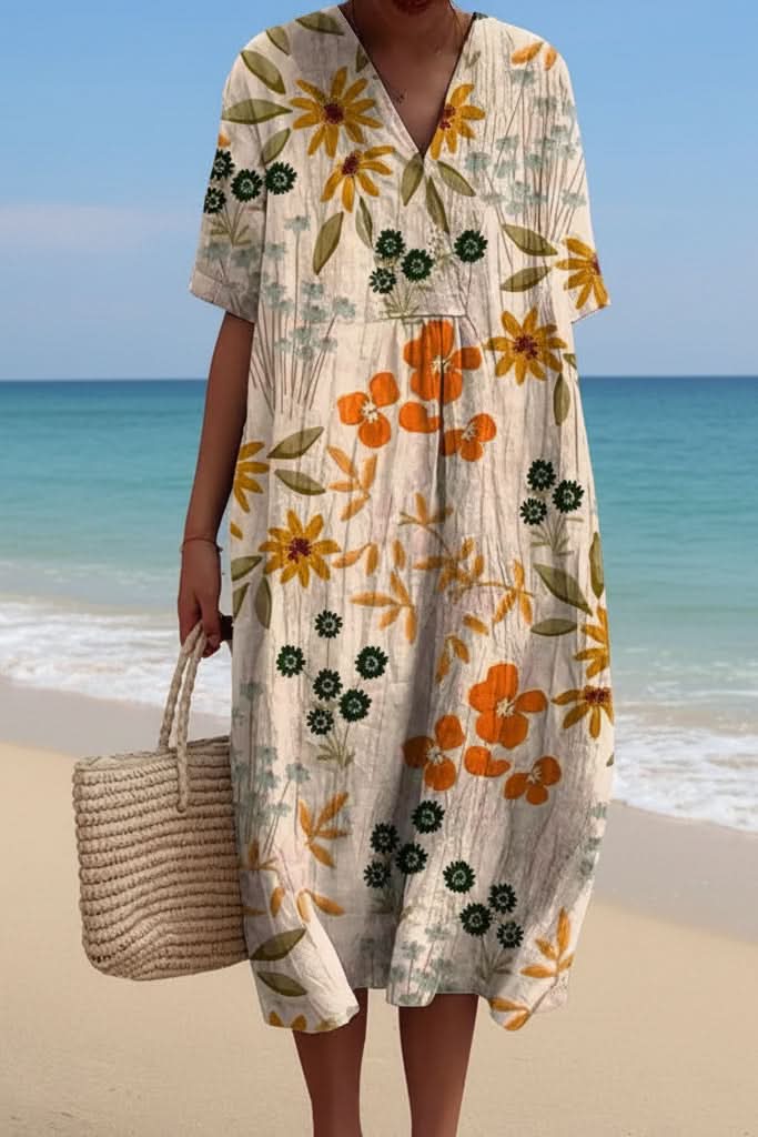 Flowy women's elegant floral midi dress with a flattering V-neck, great for summer parties & casual events.