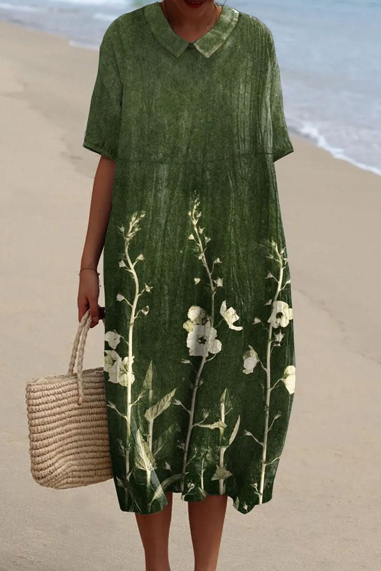 Comfortable & elegant floral V-neck midi dress for women. Ideal for summer, vacation, and chic casual style.