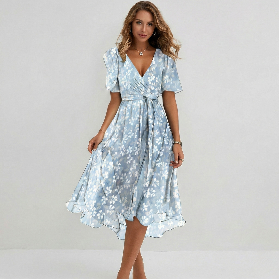 Elegant women's floral V-neck midi dress with short sleeves, perfect for summer casual or vacation outfits.