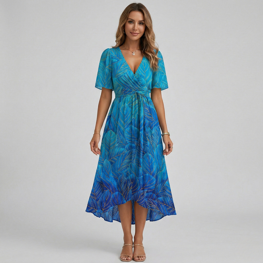 Chic women's V-neck midi dress with vibrant floral print and short sleeves, an elegant summer fashion choice.