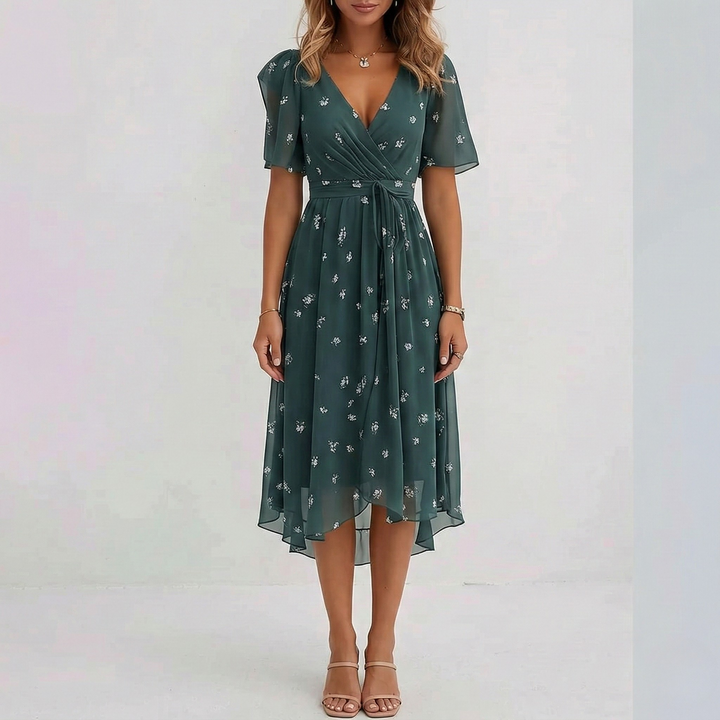 Summer midi dress for women, featuring a beautiful floral print, V-neck, and comfortable short sleeves.