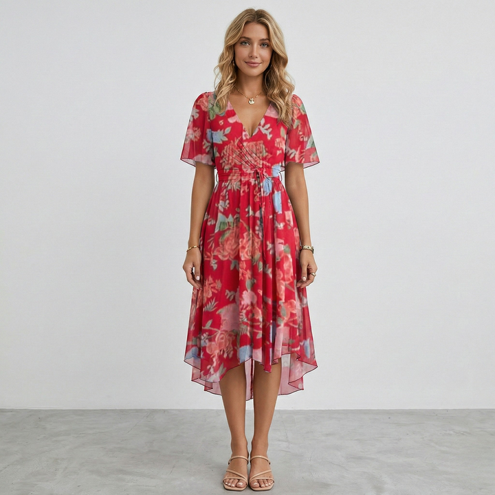 Vacation-ready elegant floral print midi dress for women, with a V-neck and short sleeves for summer.