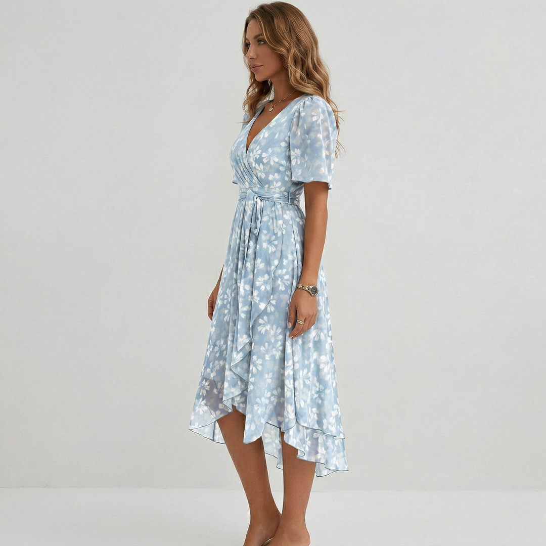 Elegant women's spring/summer midi dress with floral pattern, V-neck, and comfortable short sleeves.