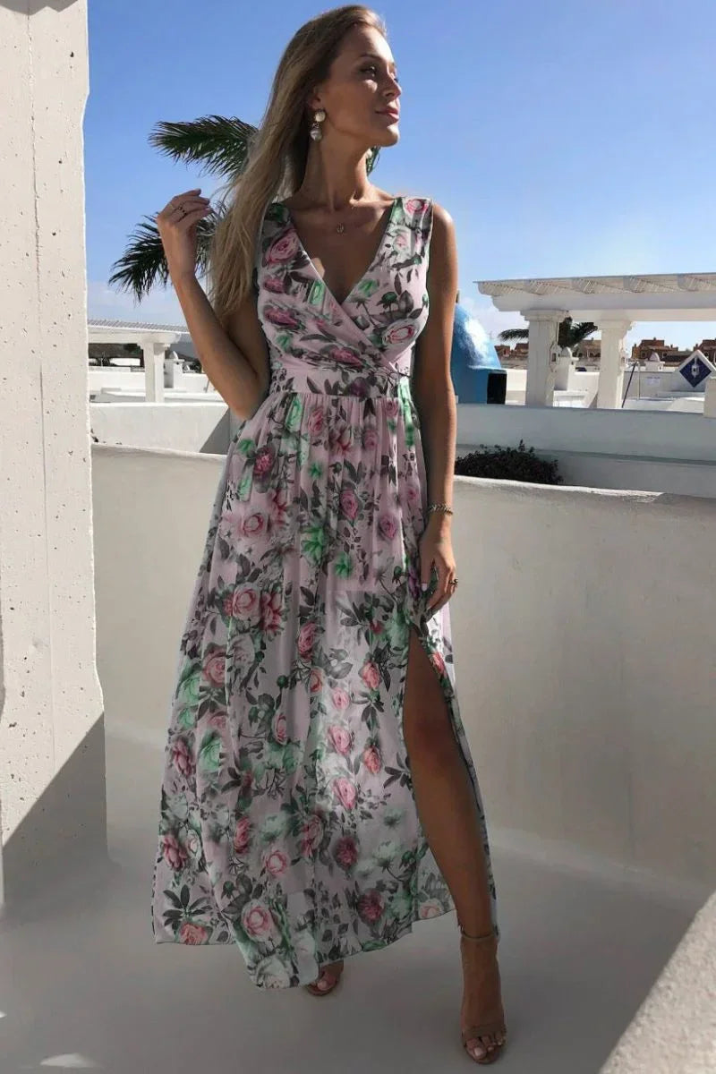 Women's flowy floral print wrap maxi dress, a versatile elegant choice for spring, summer, or vacation.