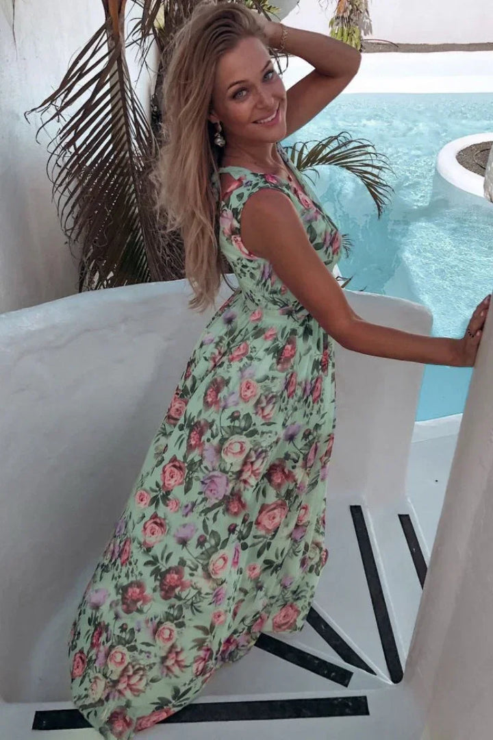 Boho-chic women's floral wrap maxi dress, ideal for a summer party, vacation, or elegant spring event.