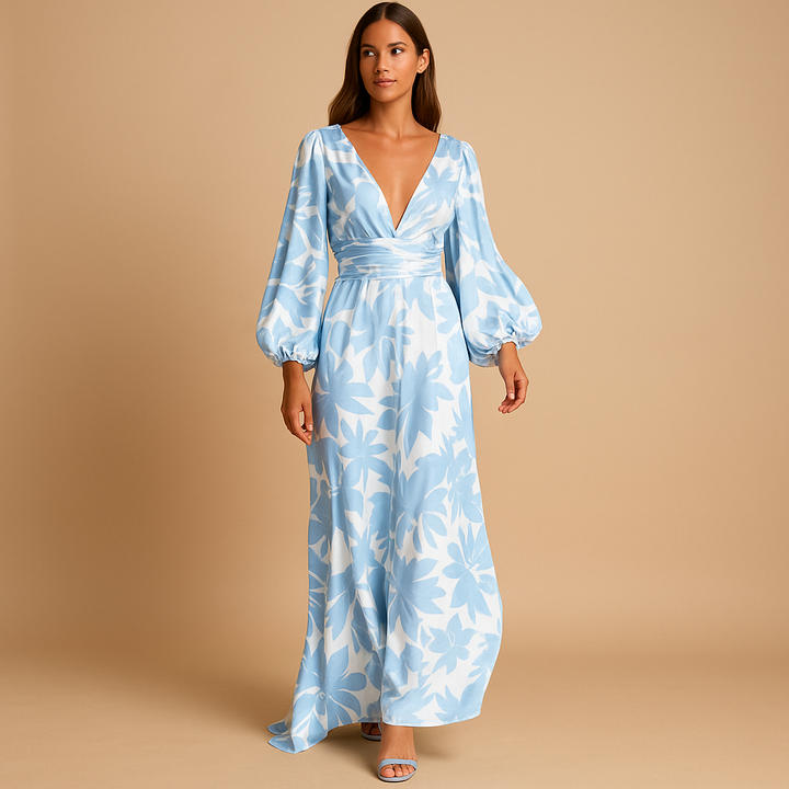 Beautiful floral print maxi dress, a flattering wrap style with elegant balloon sleeves for women.