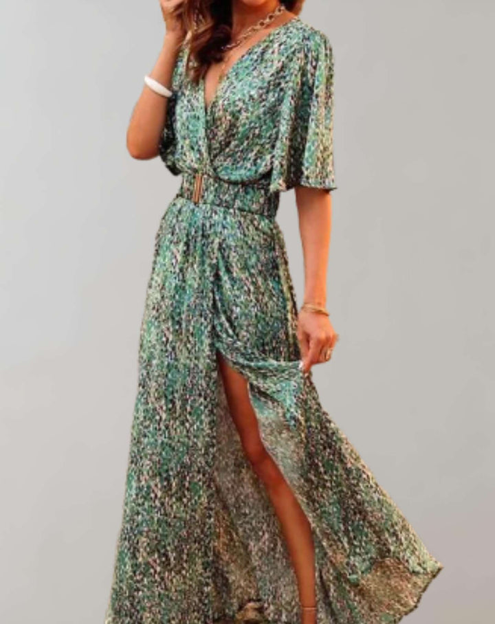 Elegant women's floral wrap maxi dress with V-neck & high side slit, perfect for summer vacations.