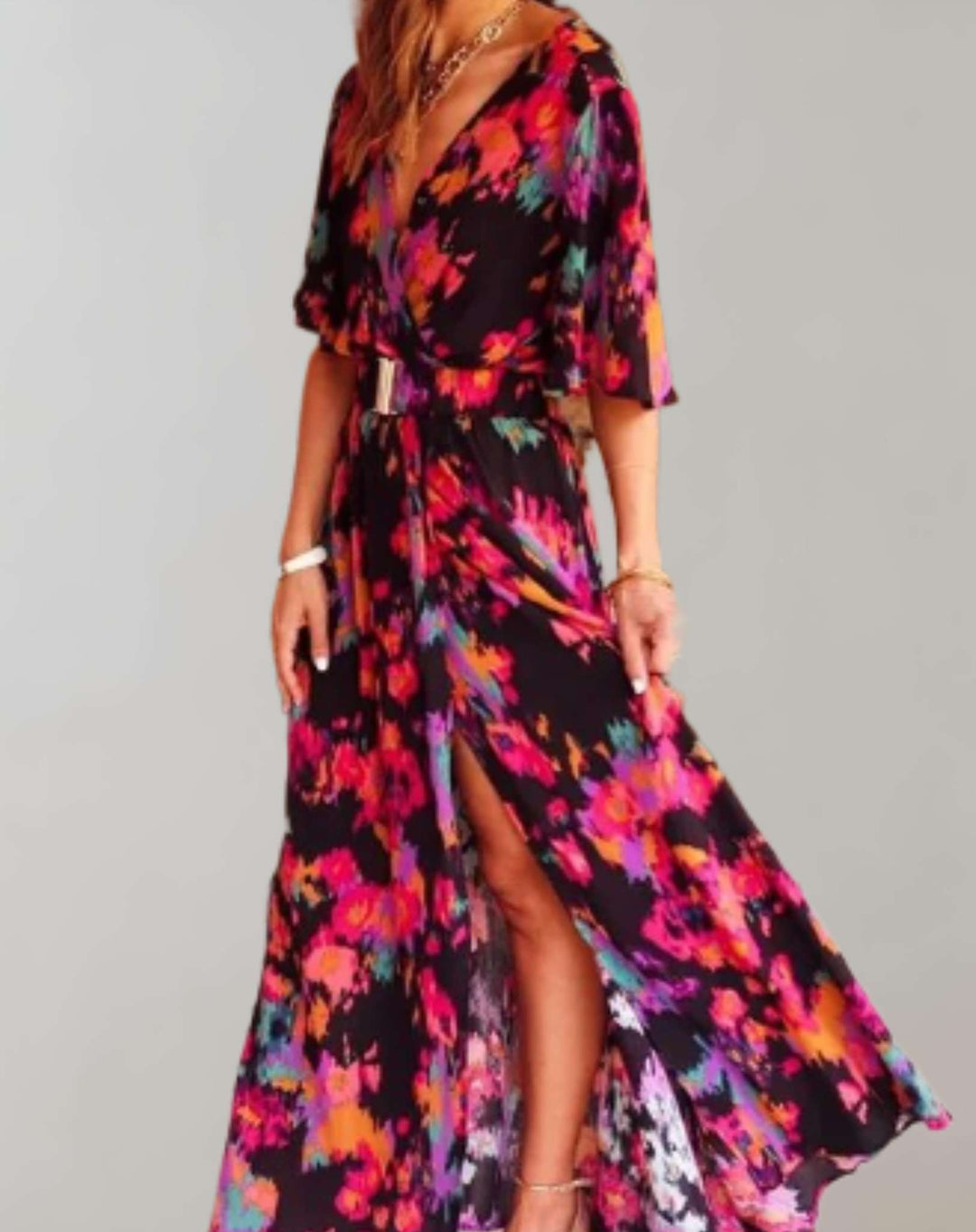 Back view of flowy floral wrap maxi dress for women, showcasing elegant design & summer vacation style.