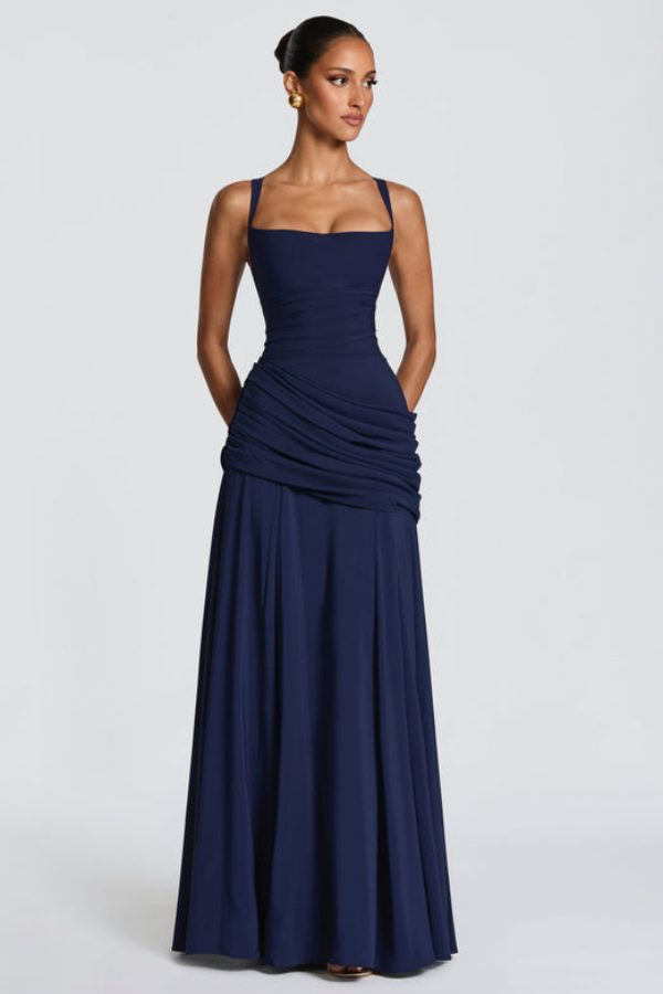 Chic women's elegant maxi dress, ideal celebration outfit or formal evening gown. Flowing long design.