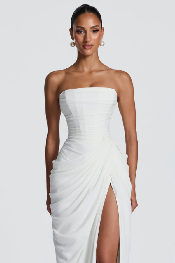 Versatile women's flowing maxi occasion dress, suitable as a formal evening gown.
