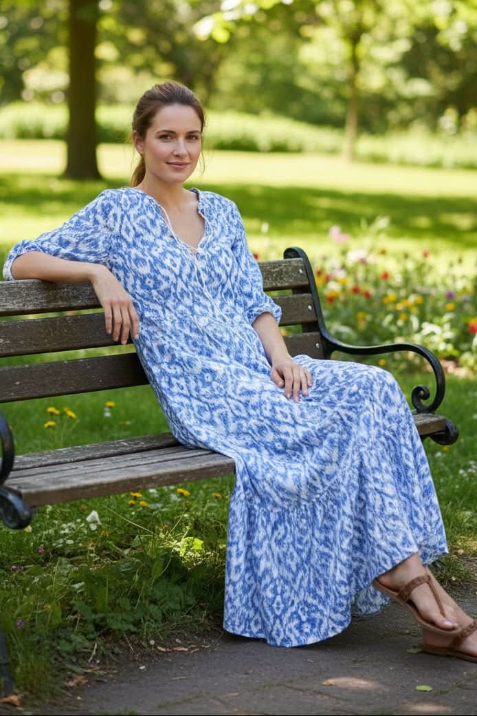 Vibrant women's summer maxi dress with a flowing silhouette, ideal as a comfortable beach or vacation sundress.