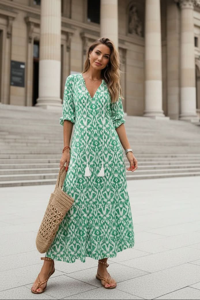 Comfortable and chic women's flowy maxi dress in bright summer hues, suitable for day events or elegant evening wear.