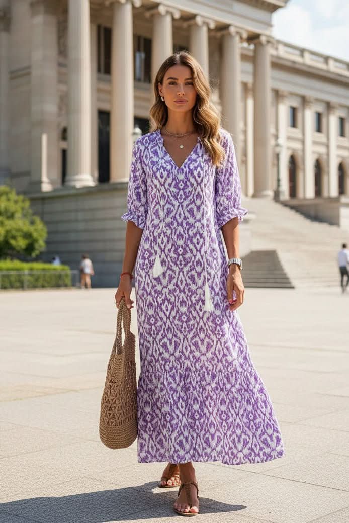 Bright women's casual sundress, a flowing maxi dress for comfortable summer days, beach outings, or resort relaxation.