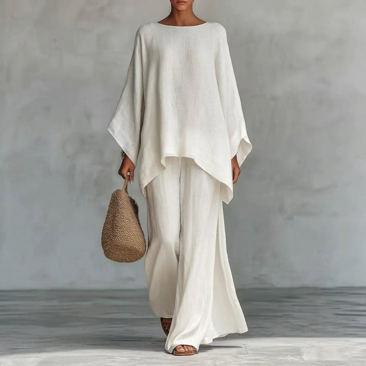 Relaxed fit women's two-piece set with a comfortable oversized tunic and a matching flowy maxi skirt for vacation.