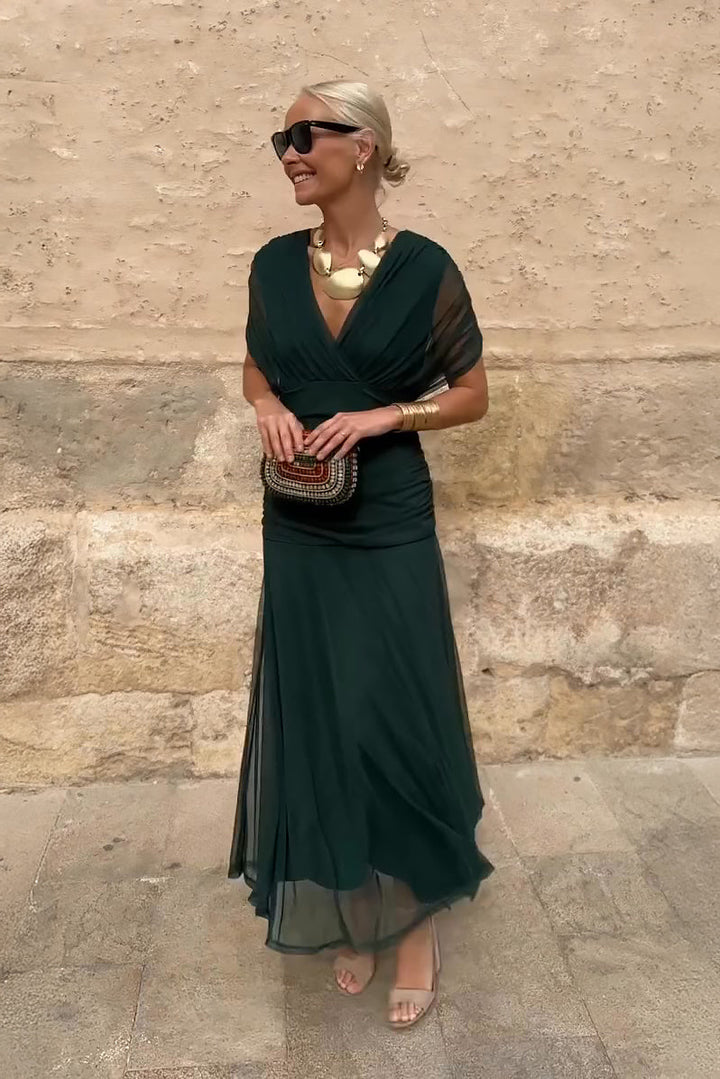 Elegant women's flowing V-neck maxi dress, perfect for parties, evening events & special occasions.