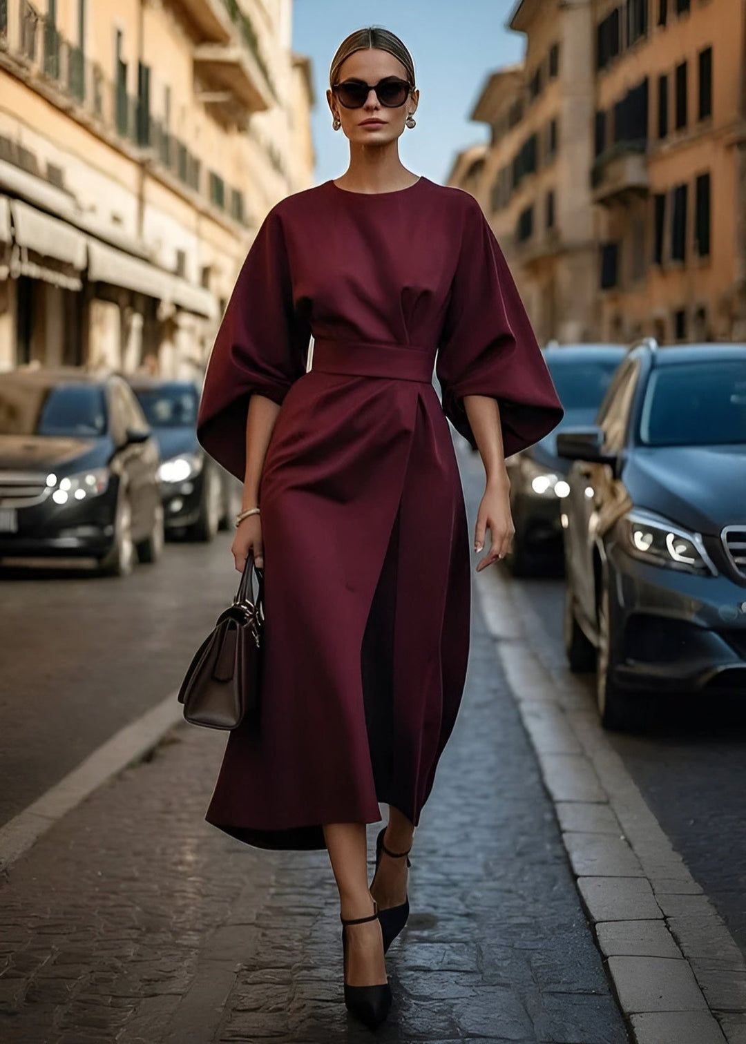 Elegant women's flowy maxi dress with a flattering belt. Perfect for evening or versatile summer wear.