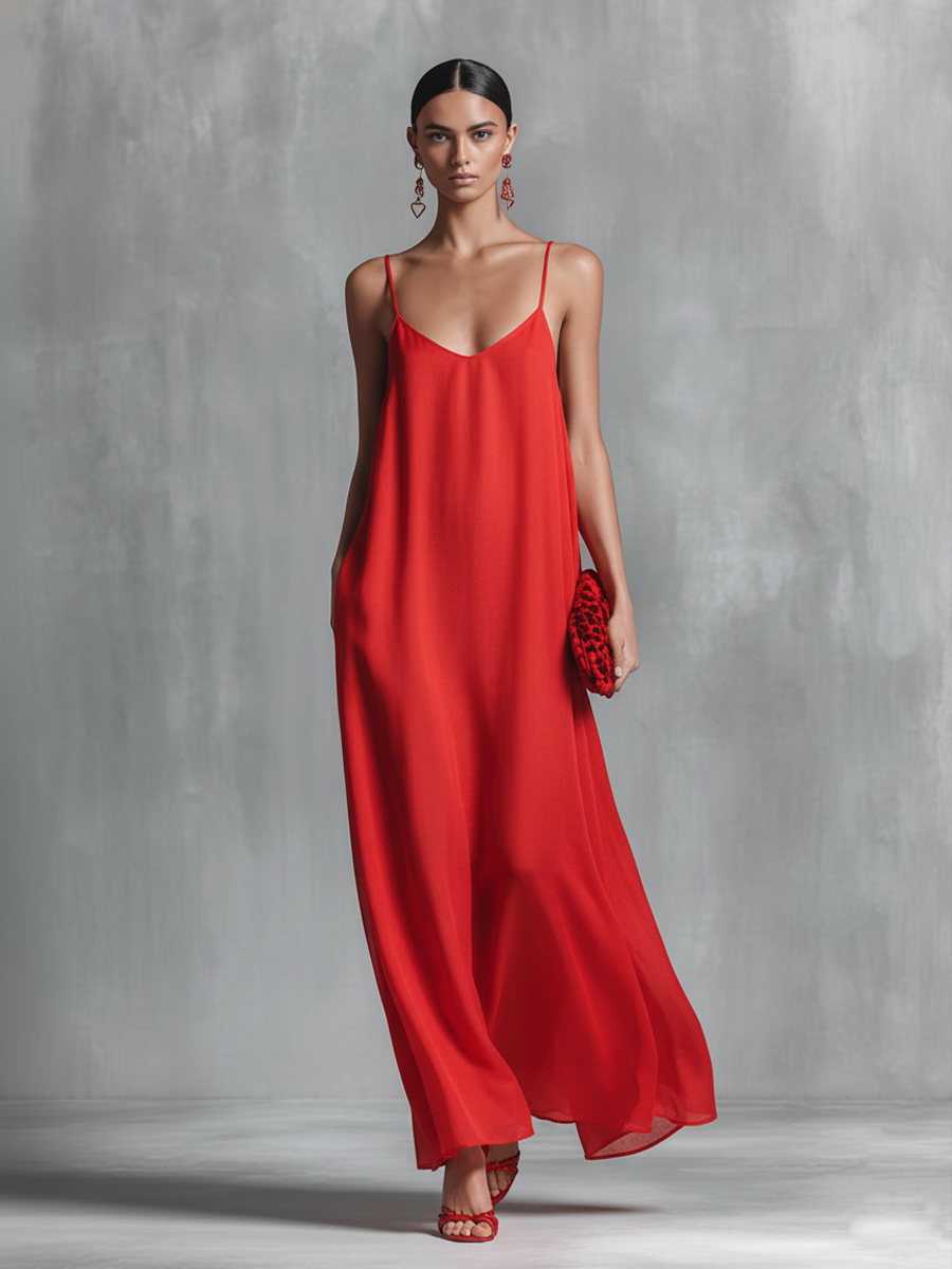 Stylish women's V-neck spaghetti strap flowy maxi dress, ideal for summer style, resort wear, or cocktail parties.