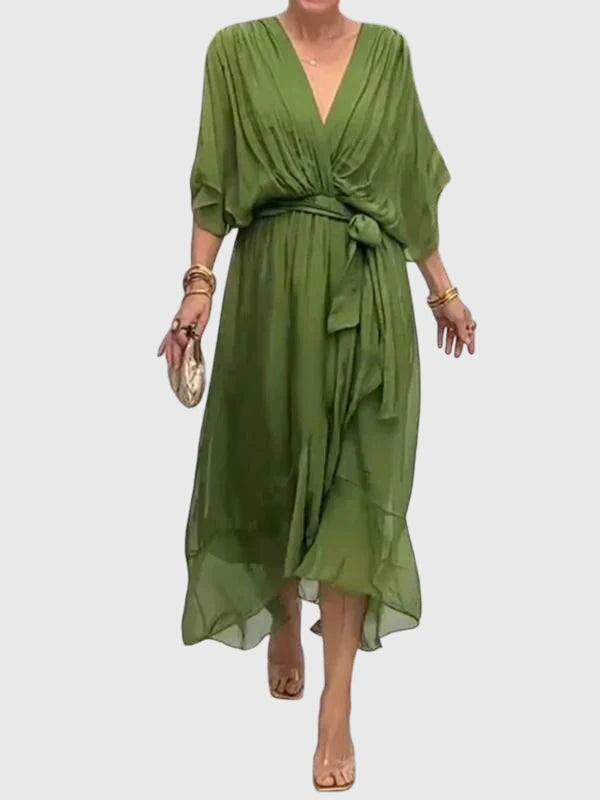 Elegant women's flowy V-neck maxi dress, perfect for summer & any special occasion.