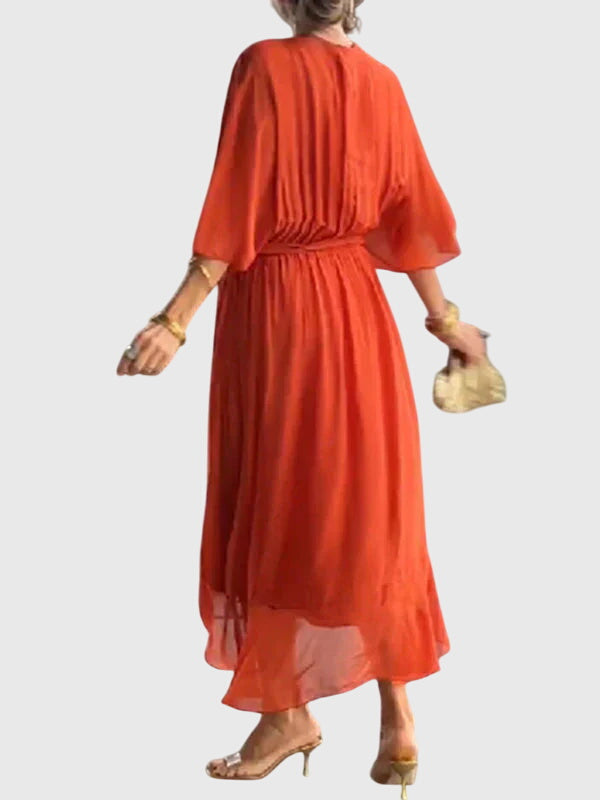 Outdoor shot: Women's elegant flowy maxi dress, perfect for summer gatherings & comfortable wear.
