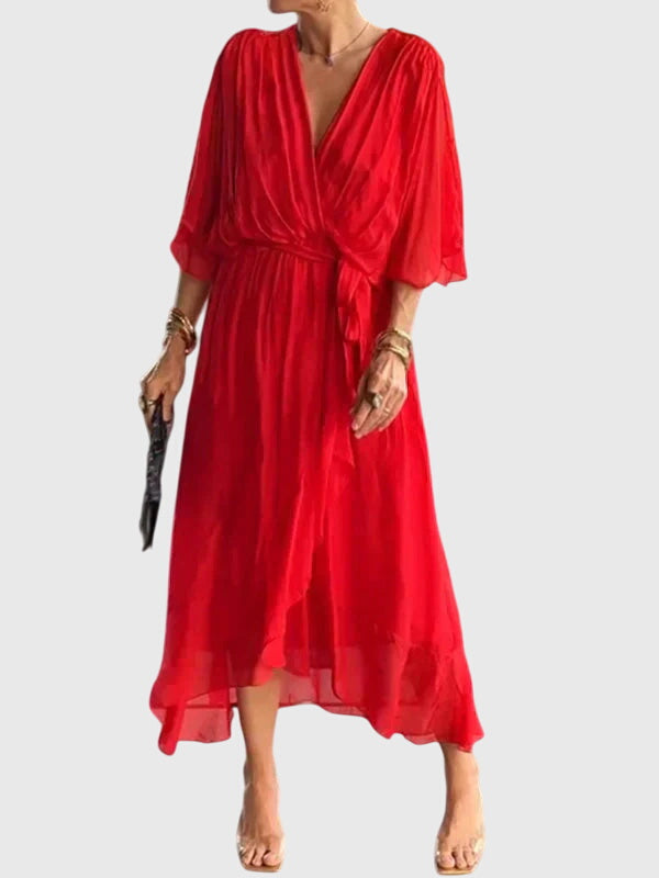 Texture of a soft, elegant women's flowy maxi dress, offering comfort and style for summer.