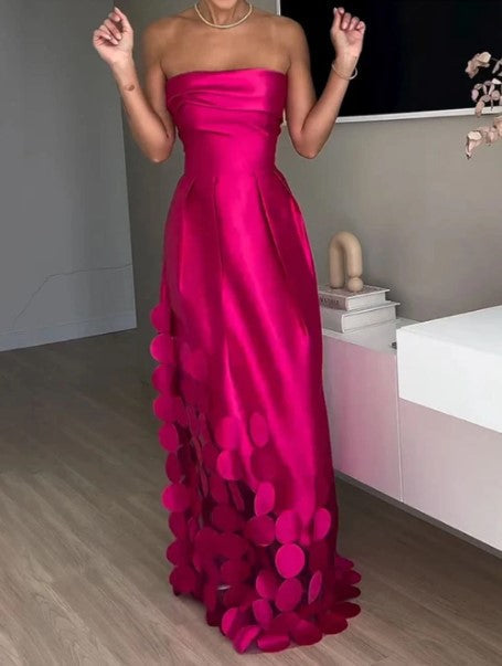 Women's A-line strapless fuchsia maxi gown, ideal as a formal wedding guest dress or special occasion attire.