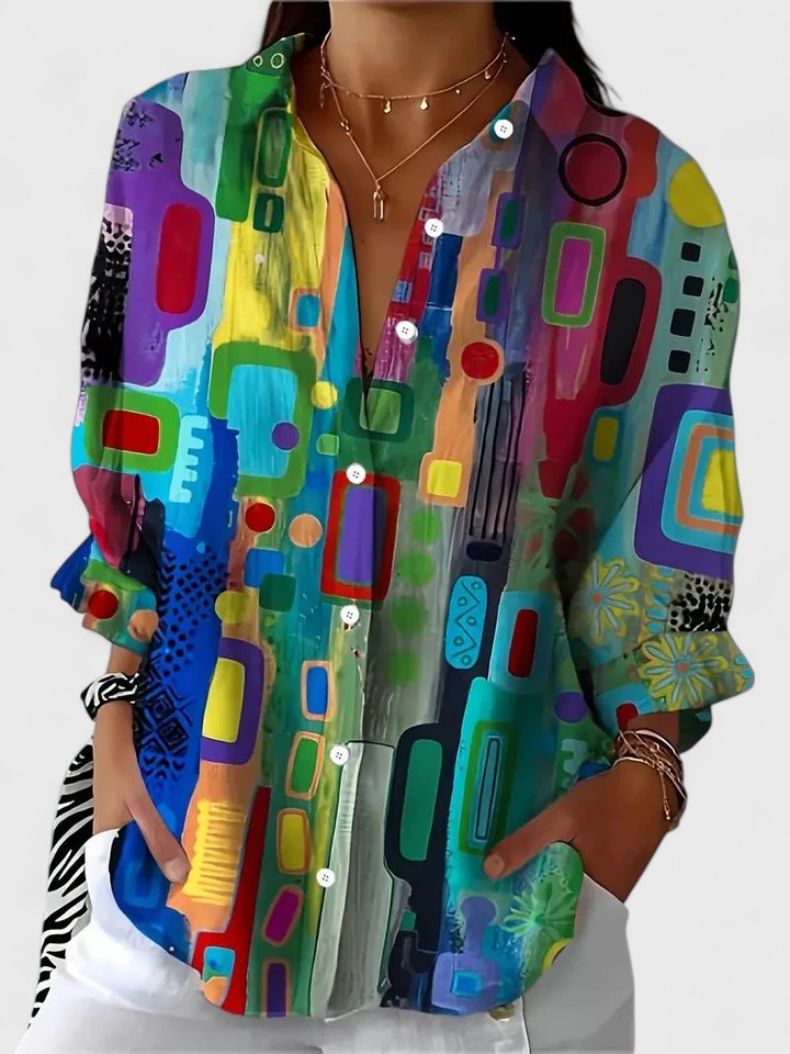 Elegant women's geometric pattern blouse with long sleeves, perfect for chic casual or workwear fashion.