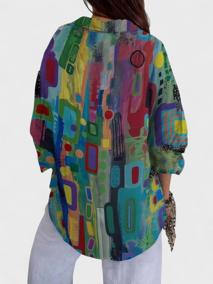 Chic ladies patterned long sleeve blouse, a versatile geometric top for elegant workwear or casual fashion.