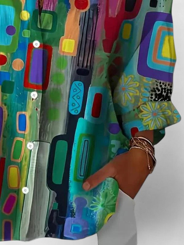 Women's elegant geometric pattern blouse. A long sleeve top for versatile ladies fashion, from casual to workwear.